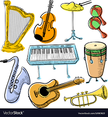 Musical instruments doodle set cute line art Vector Image